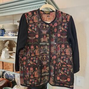 Vitabella Norway Folk Art Tapestry Jacket Storybook Medieval Scene Buttons Small